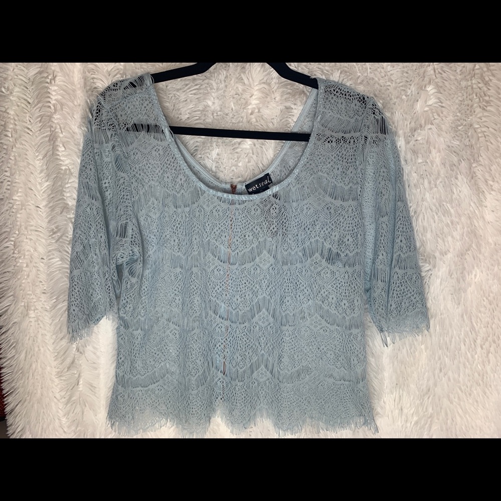 NWT baby blue lace crochet sheer eyelash blouse top with scalloped trim